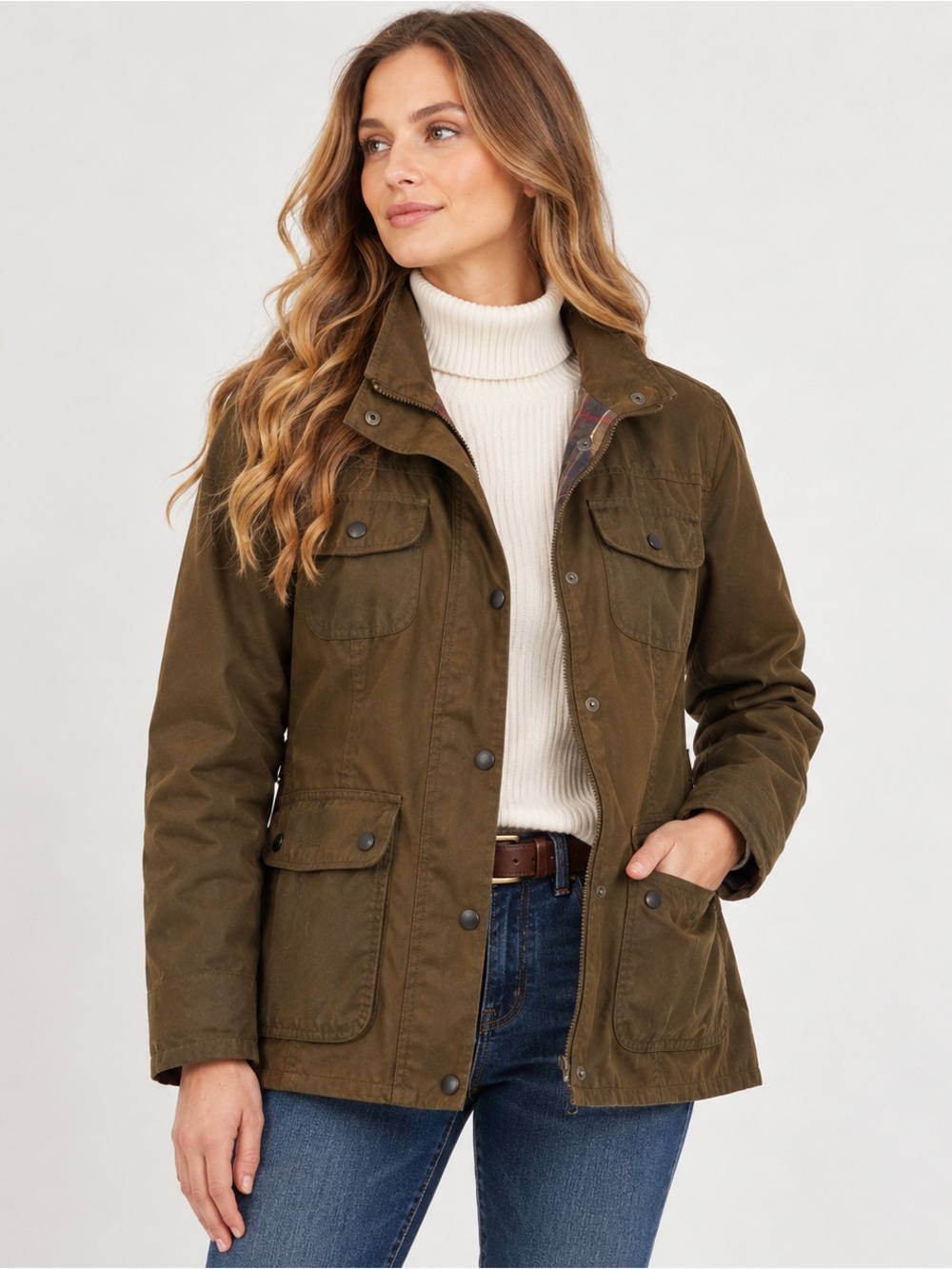 Barbour Women’s Waxed Cotton Utility Jacket Olive Tartan Lined Field Coat US 10